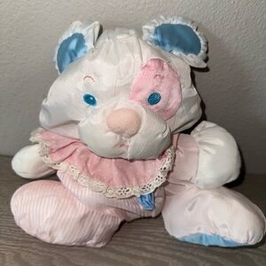 1988 FISHER PRICE PUFFALUMP Puppy Dog Rattles Pink White Blue vintage Plush